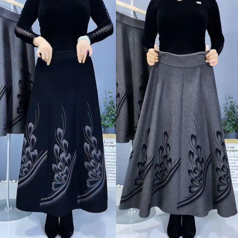 Ethnic Style Women's Knitted Skirt, Thick Printed Flared High-Waist Long Knitted A-Line Skirt