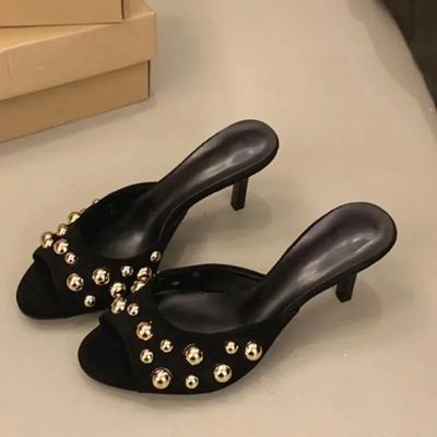 Sandalias de lujo de verano para mujer con punta abierta Sexy remachadas retro decorativas para fiesta Cena Tacones de aguja para mujer talla grande 42