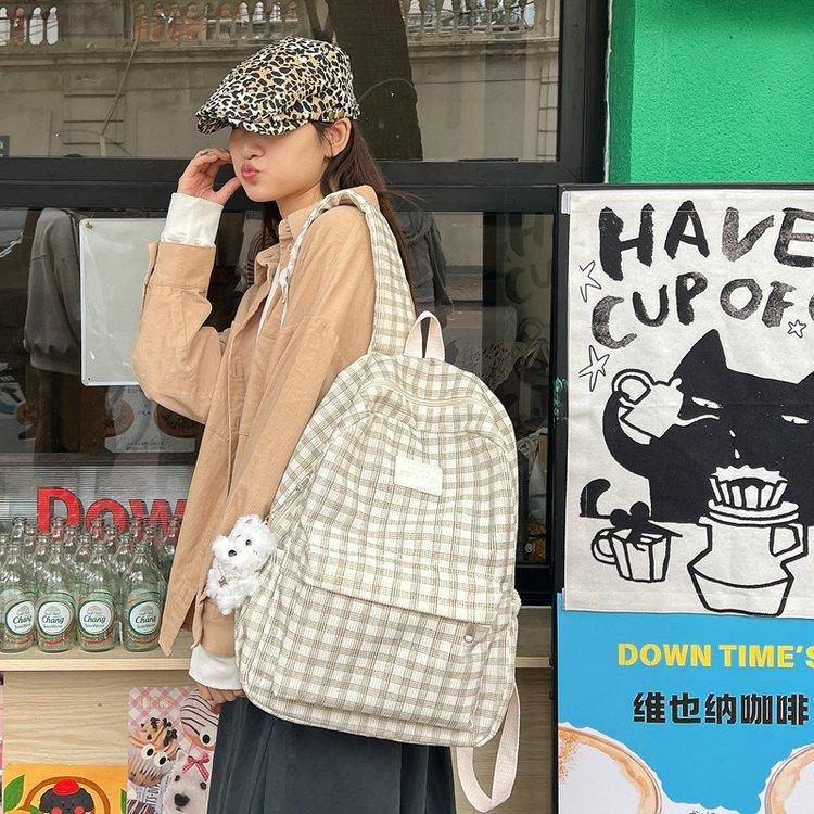 Mori Style Corduroy Plaid Schoolbag Female Junior High School Student Large Capacity Casual Versatile Backpack Travel Backpack