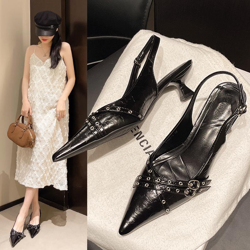 French Pointed Toe Low Heel Sandals Women's New 2025 Summer Elegance Thin Strap High Heels Party Dress Pumps Shoes