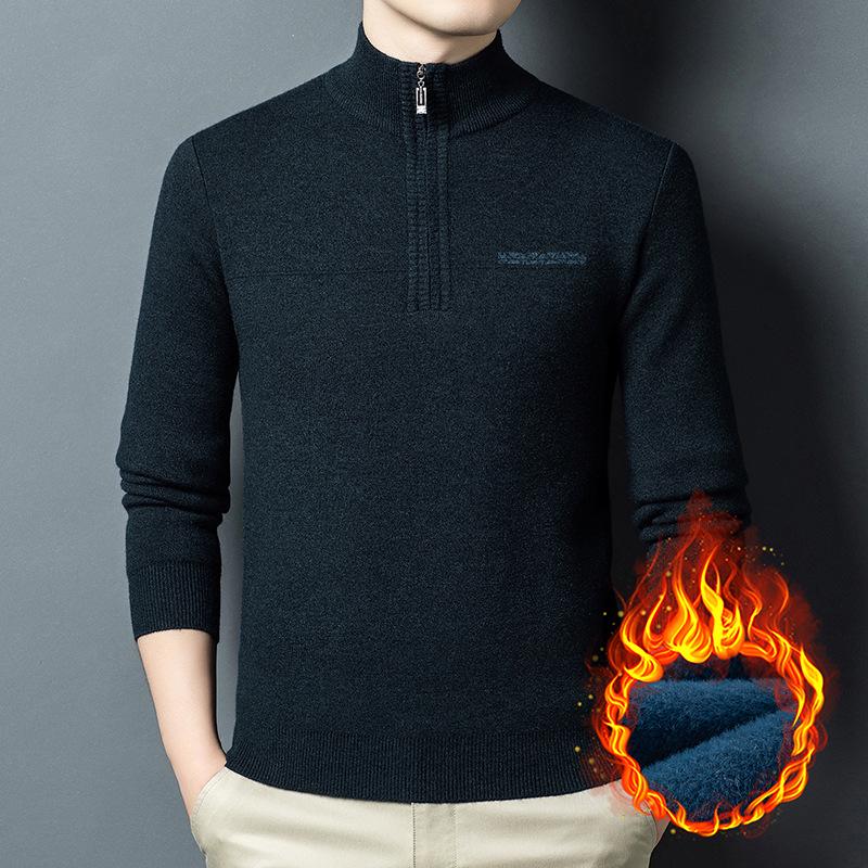 Men's Middle-Aged Casual Zipper Stand Collar Thickened Plus Velvet Base Layer Sweater - 2025 Autumn/Winter Collection