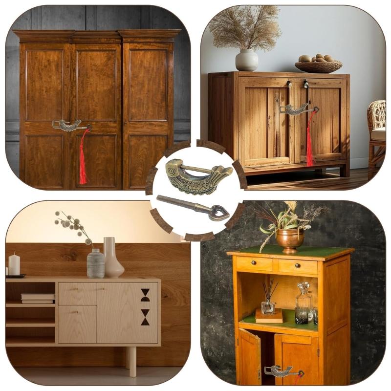 Vintage Fiskformad Hänglås med Nyckel Brons Antikt Lås Brons Fiskdesign Lås för Träresväskor & Smyckeskrin