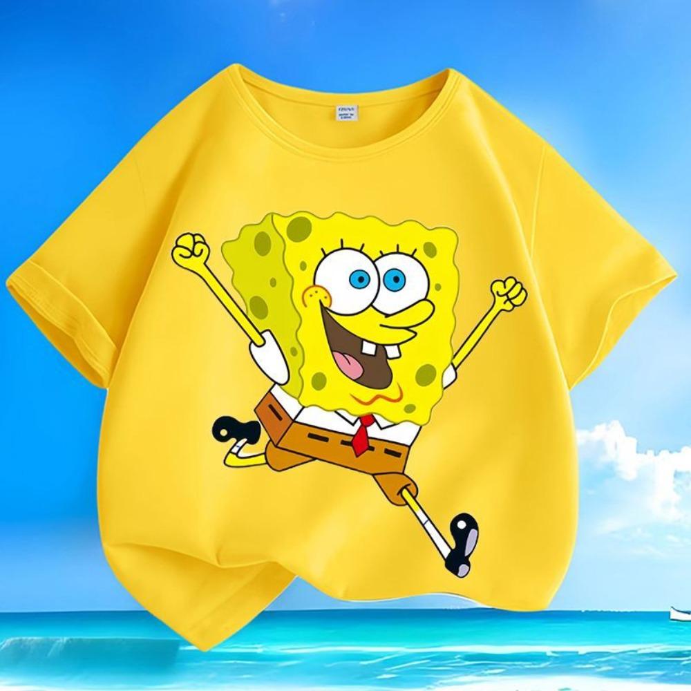

Яскрава сонячна дитяча літня вільна футболка з коротким рукавом та круглим вирізом з принтом Губки Боба 100