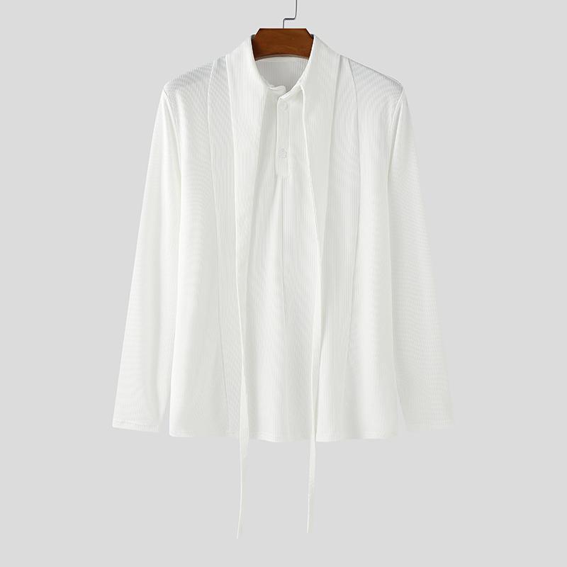 INCERUN Men Lapel Neck Long Sleeve Button Rib Texture Casual Tops T-shirts