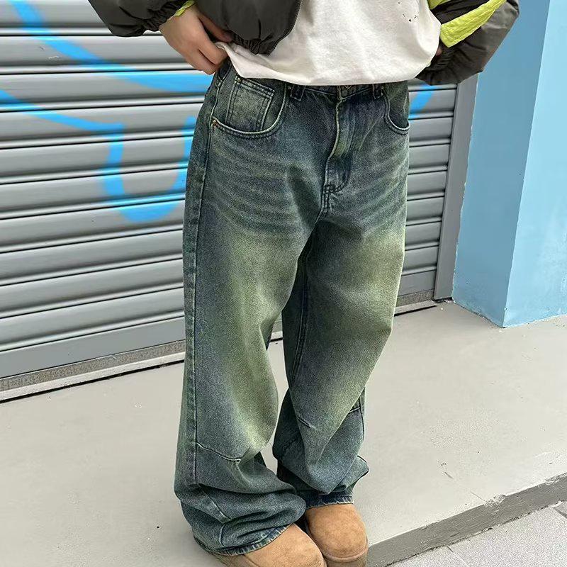 American Retro High-Street Washed Loose Straight Men's Wide-Leg Jeans