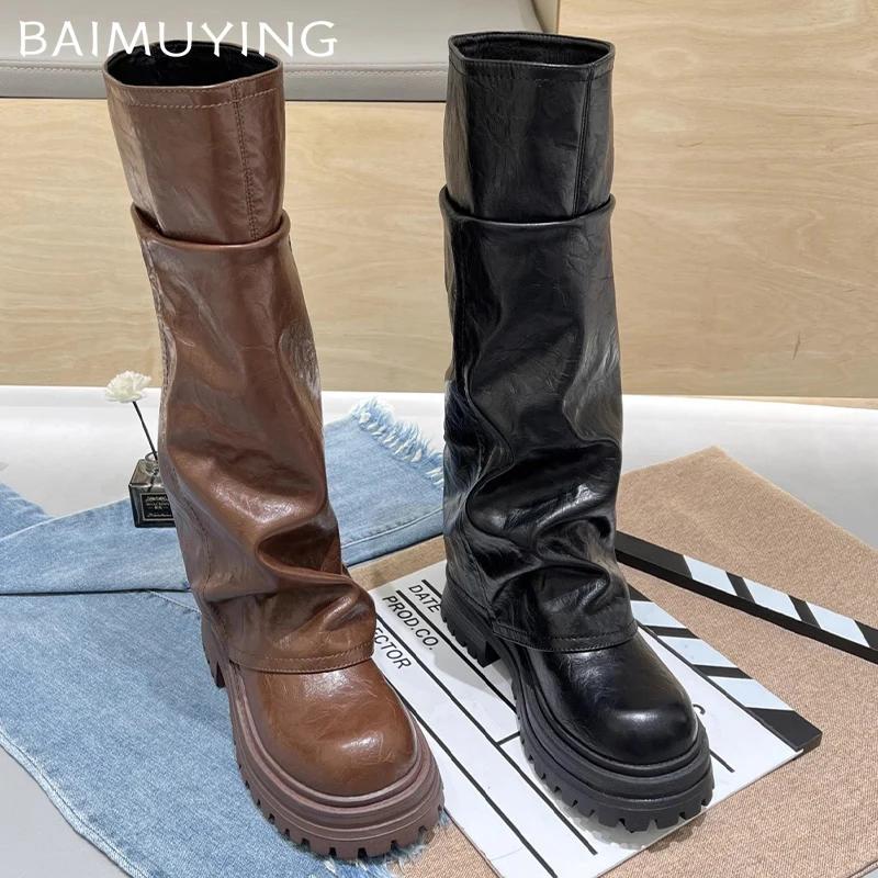Platform Women Chunky High Boots Leather Fad Knee High Mid Heels Shoes 2025 Trend Designer Goth Winter Motorcycle Botas De Mujer