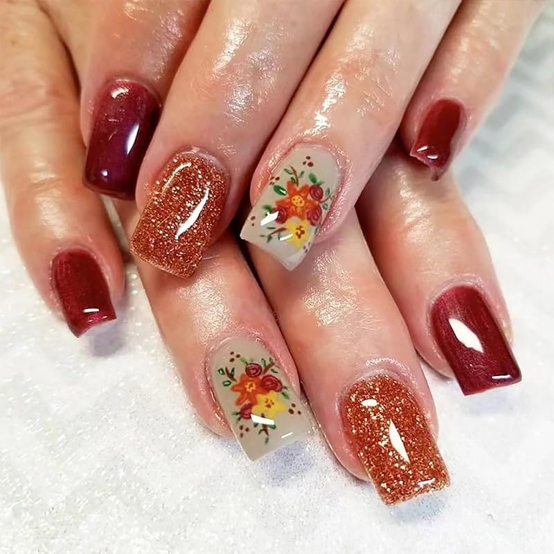 

Fall Glitter Maple Red False Nails with Maple Leaves Designs - 24 Pcs Glossy Glue on Acrylic Nails for Women & Girls Fall Nails44