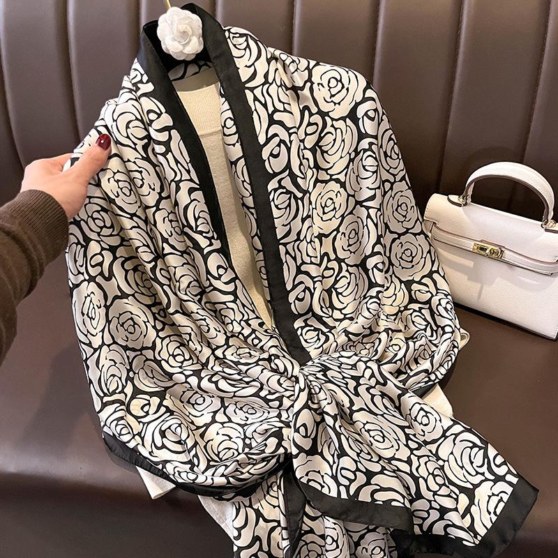 1 Pcs 90x180cm Black and White Camellia Small Fragrance Silk Scarf Women's All-match Scarf Shawl Large Gauze Towel Hijab
