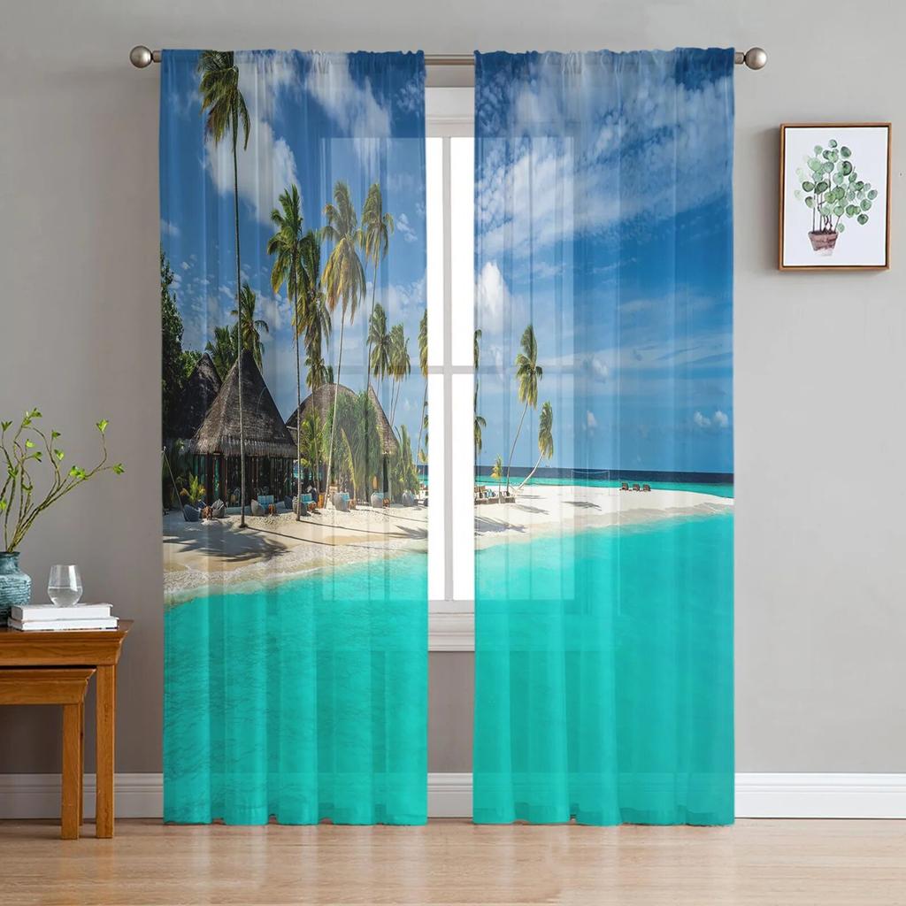 Beach Sky Sea Tulle Curtains for Living Room Bedroom Decor Chiffon Sheer Voile Kitchen Window Curtain