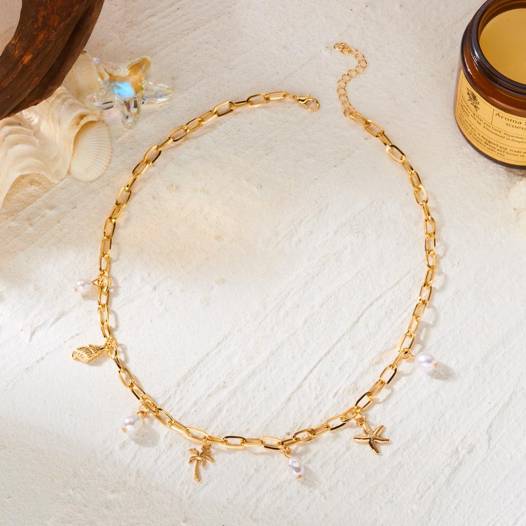 Bohemian Starfish Conch Mermaid Tail Pendant Necklace for Women Minimalist Imitation Pearl Beaded Chain Holiday Jewelry Gift
