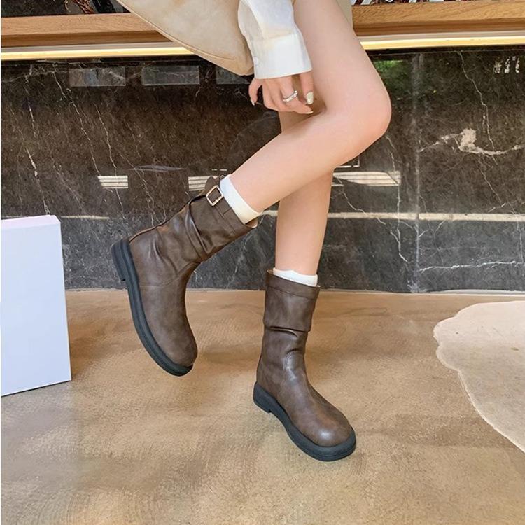 Versatile Retro Simple And Thin Low-Heeled Martin Boots Women'S Buckle Locomotive Knight Boots