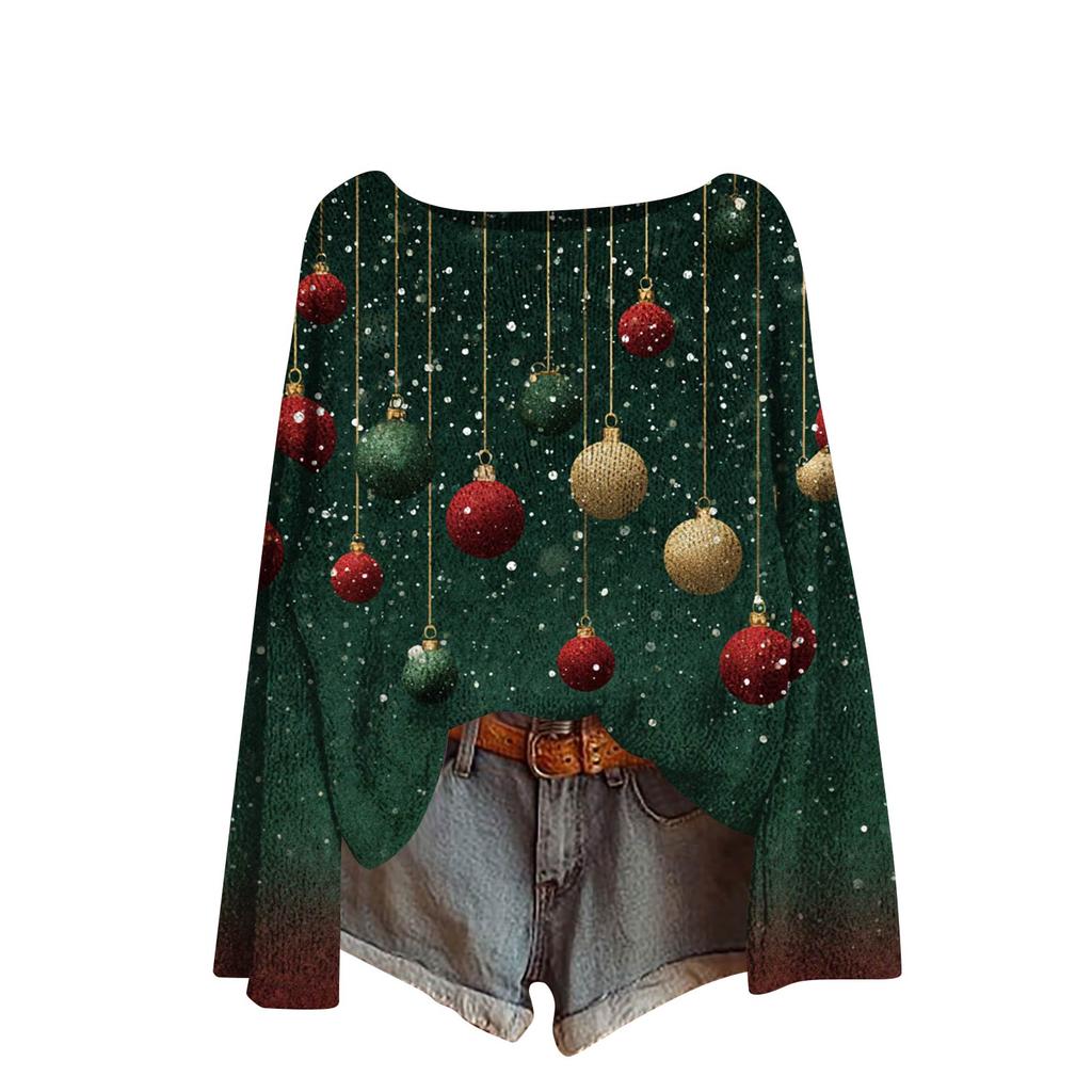 Women's Fashion Christmas Print Lightweight Sweater Casual Long-Sleeve Knit Pullover Top