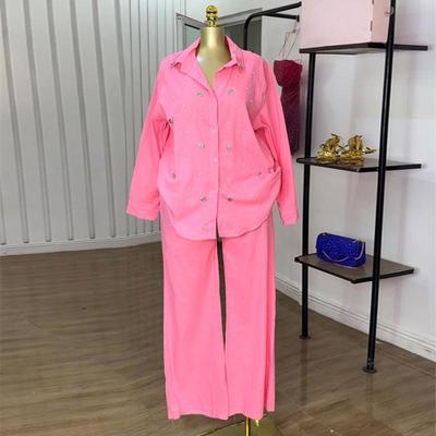 European & American Women's 2025 Summer Two-Piece Set: Sweet Fresh Lapel Beaded Shirt with High Waist Straight Leg Pants.