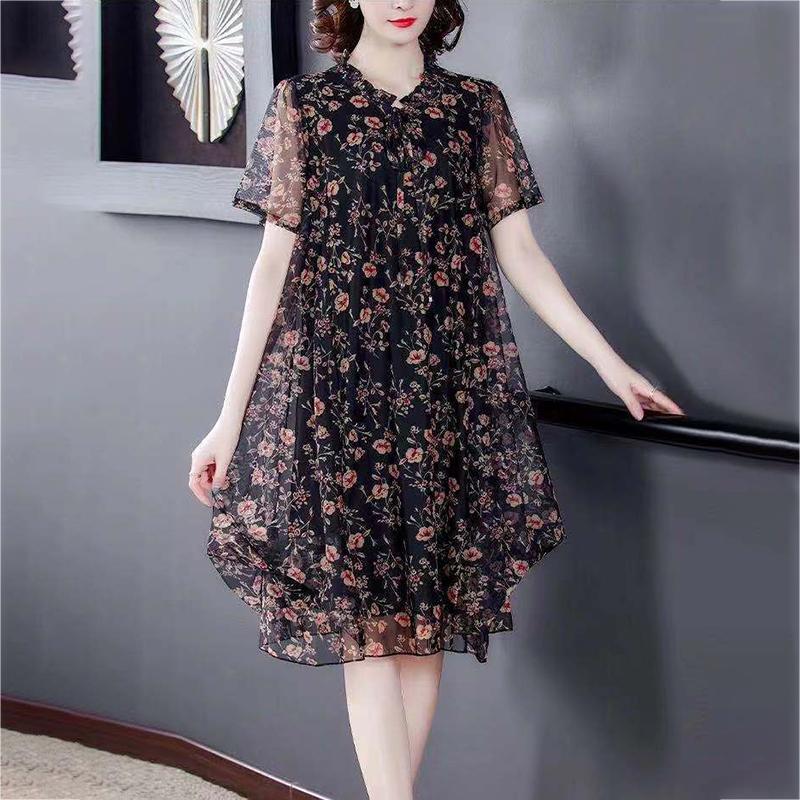 Chiffon Blumenkleid L-XXXXXL Damen Sommer Schleier Kurzarm Rundhals Leicht und Atmungsaktiv