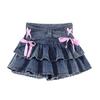 Women's Ruffled Denim Mini Skirt Summer Bandage Bow Blue Shorts Skirt Y2k Clothes Spicy Girl Streetwear