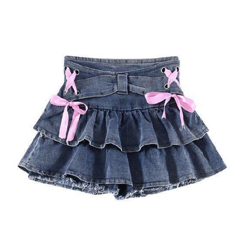 Women's Ruffled Denim Mini Skirt Summer Bandage Bow Blue Shorts Skirt Y2k Clothes Spicy Girl Streetwear