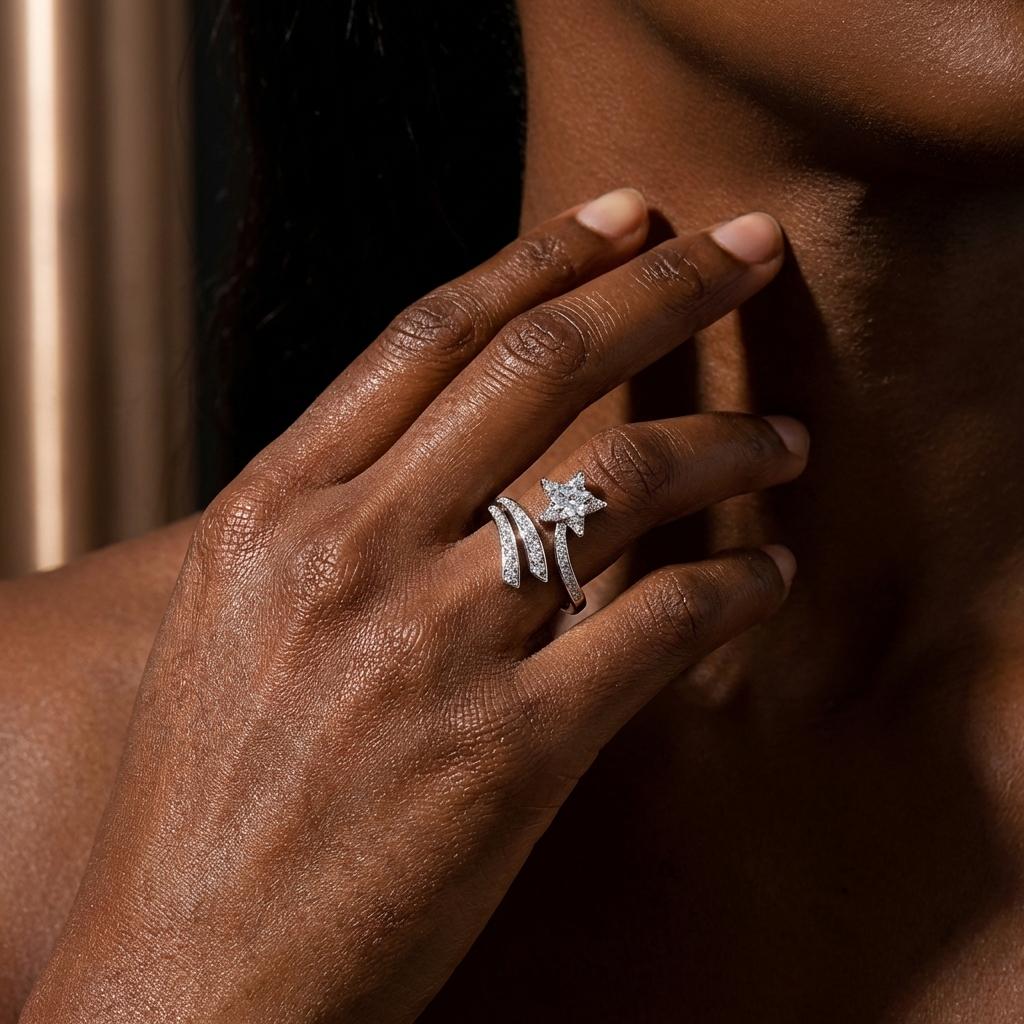 Delicate Star Open Rings for Women Silver Color Sparkling Cubic Zirconia Lucky Shooting Star Finger Ring Party Romantic Jewelry
