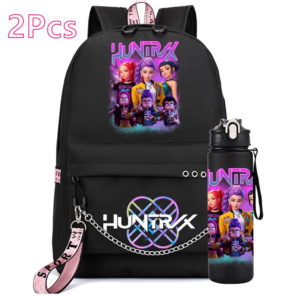 2Pcs/set Anime K-Pop Demon Hunters Printed Backpack with 750Ml Water Bottler for Teenager Girl Boy Large Capacity Waterproof Bookbag Gift
