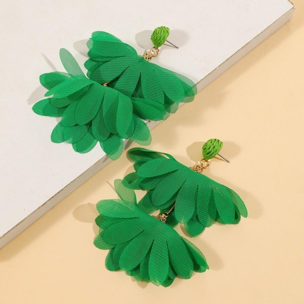 Trendy Exaggerated Chiffon Flower Earrings Boho Style Colorful Long Drop Earrings Handwoven Fabric Tassel Earrings for Women