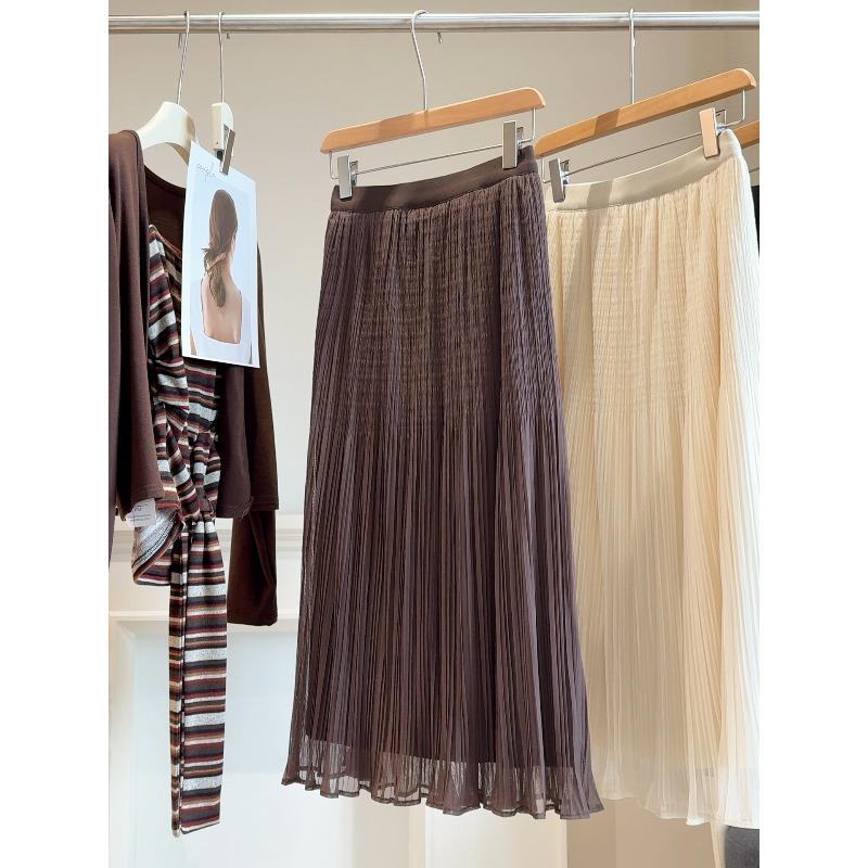 Mesh stitching high waist pleated skirt women's autumn new elastic and thin casual drape a word pleated gauze skirt