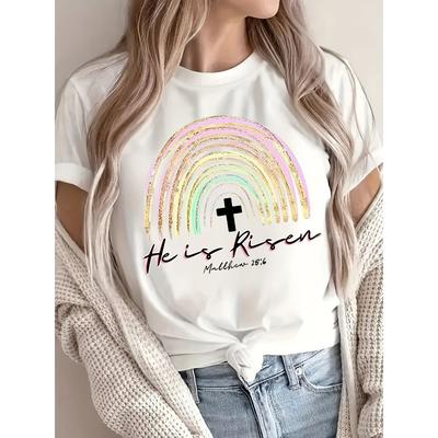 Rundhals-T-Shirt in europäischer Größe mit Regenbogen-Design und christlichen Motiven, einschließlich und einem Kaninchen. Dieses weiche, atmungsaktive T-Shirt