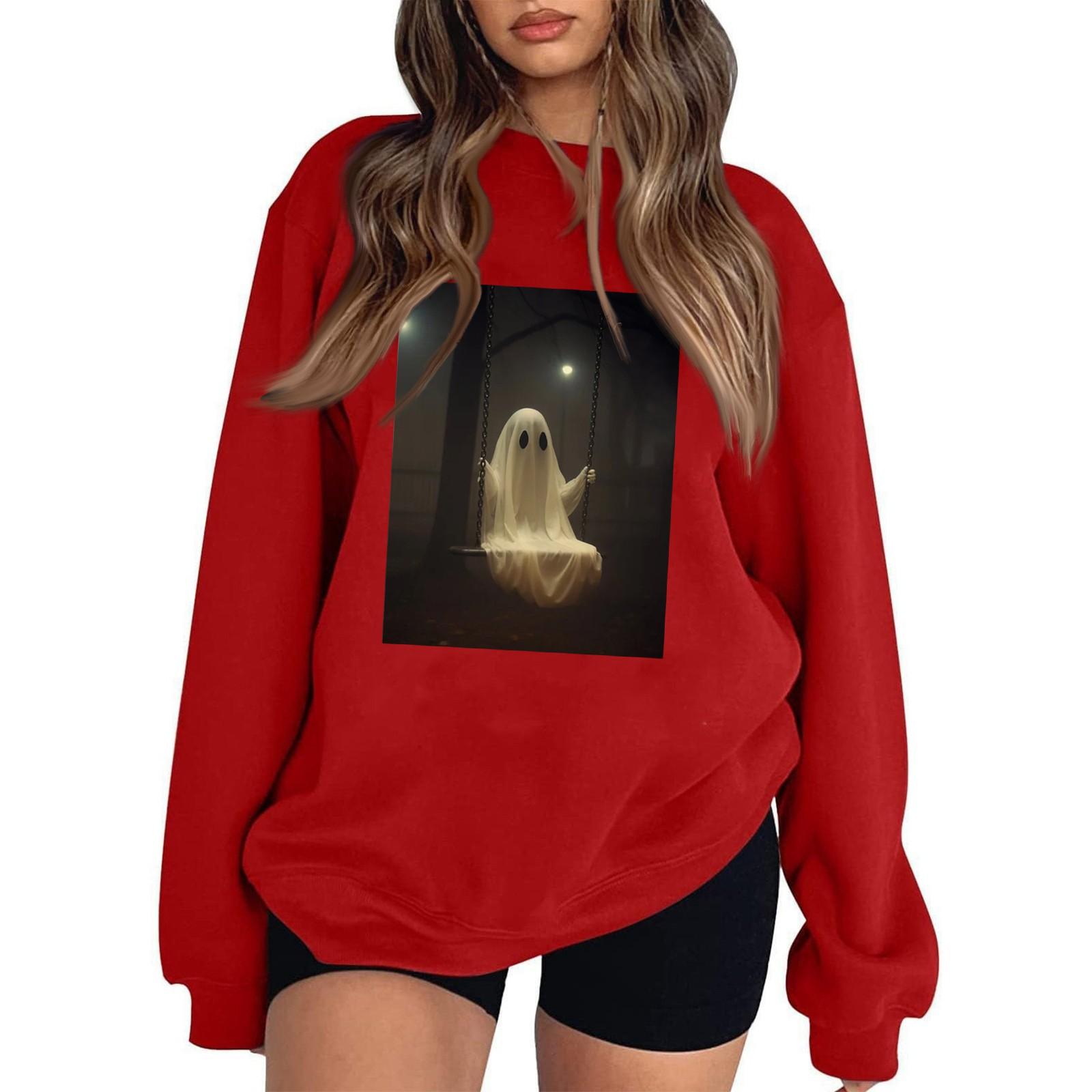 

Женские повседневные модные толстовки с длинным рукавом и круглым вырезом с принтом Хэллоуина, пуловер, топ XL красный