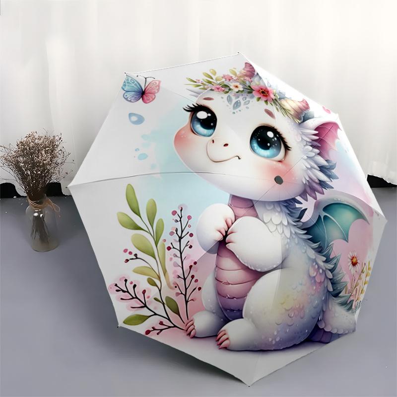 1pc Adorable White Dragon Automatic Opening and Closing Umbrella, Lightweight 3-Fold, With Cute Cartoon Characters, Suitable for Home, Outdoor an