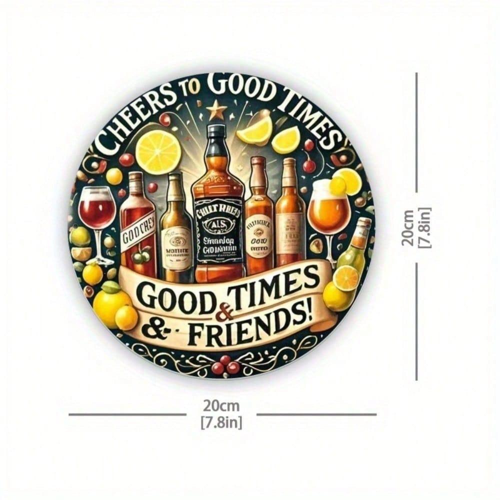 Cheers To Good Times & Friends Aluminum Wall Art, Whiskey Beer Wine Glasses Sign, 7.8 Inch Bar Cafe Garage Decor