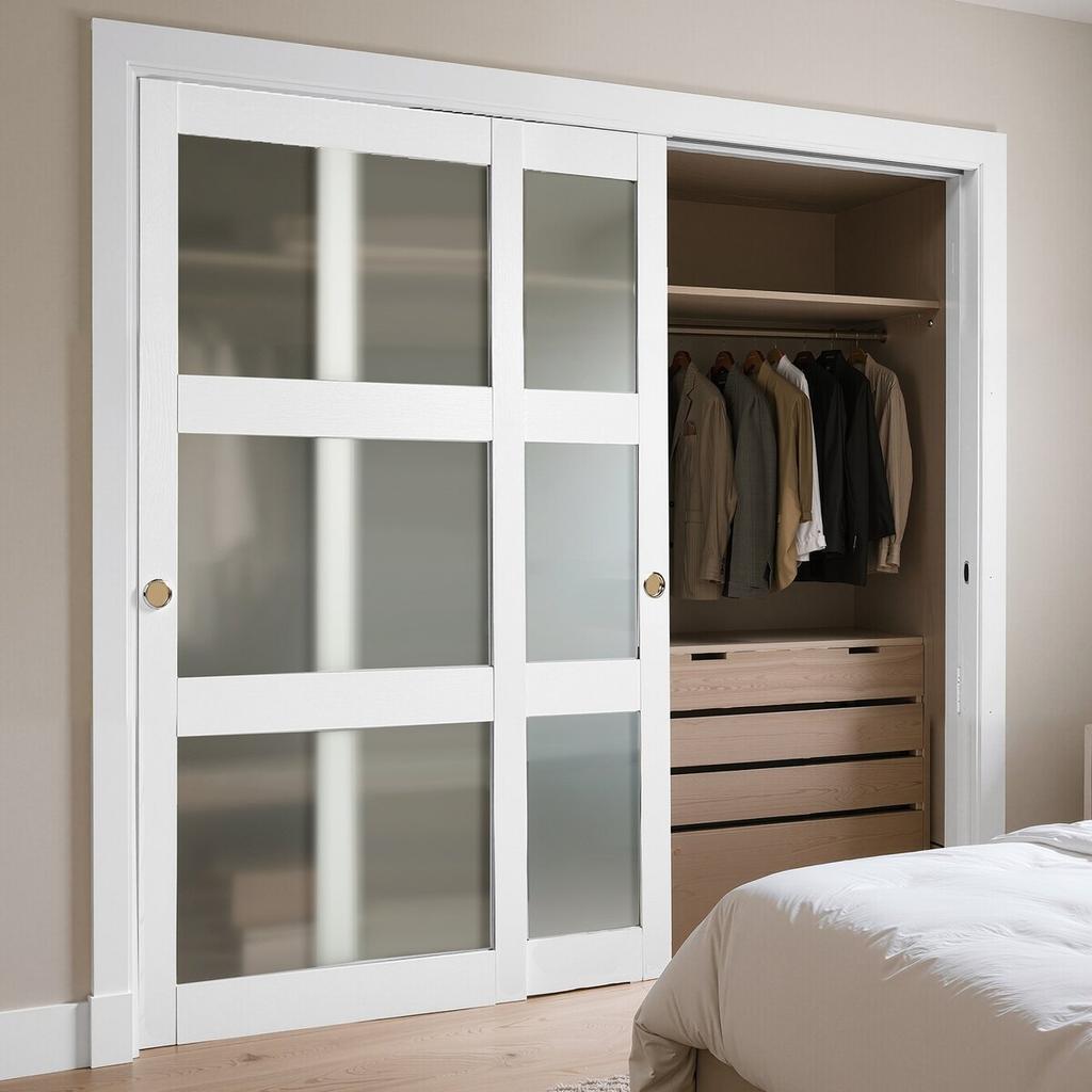 Sliding Closet Door, 1829mm (Double 940mm) x 2032 mm, 3-Lite Frosted Glass Bypass Sliding Doors with Hardware Kit, Solid Wood & MDF Slab with