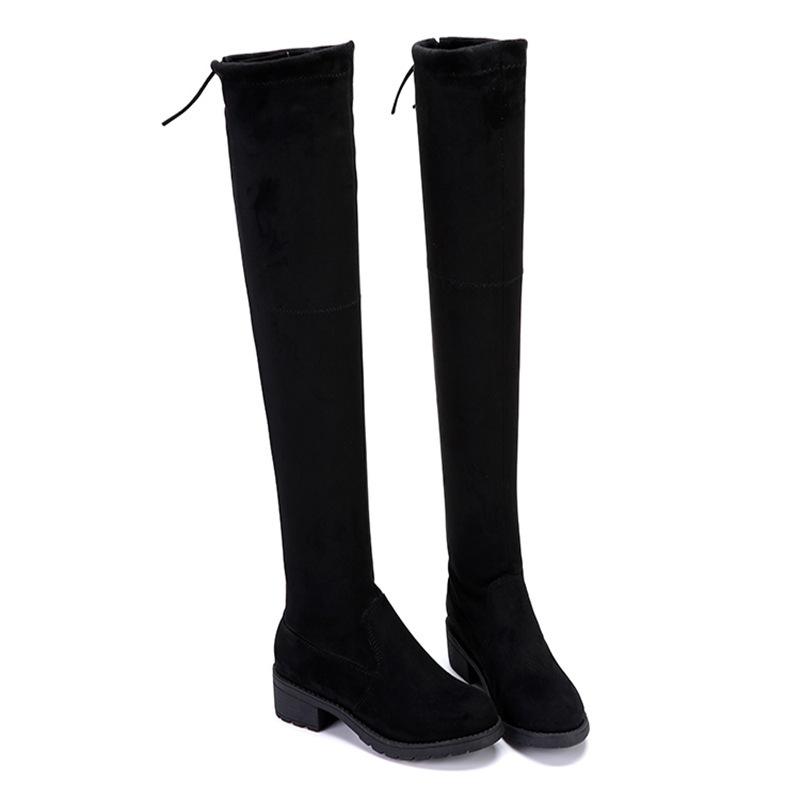 Boots Over Knee Flat Bottom Elastic Skinny Black Over Knee Boots Children Suede Students Low Heel Boots Autumn and Winter