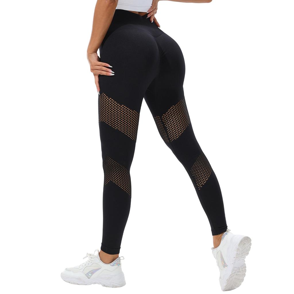 Women's Solid Color Yoga Pants Hollow Breathable Stretch High Waist Hip Lifting Sports Fitness Pants