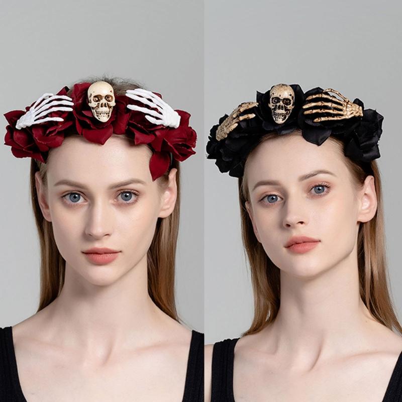 Skull Headband Halloween Tiaras And Crowns Halo Flower Headband Day of The Dead Headband Rose Flower Crown Hairband