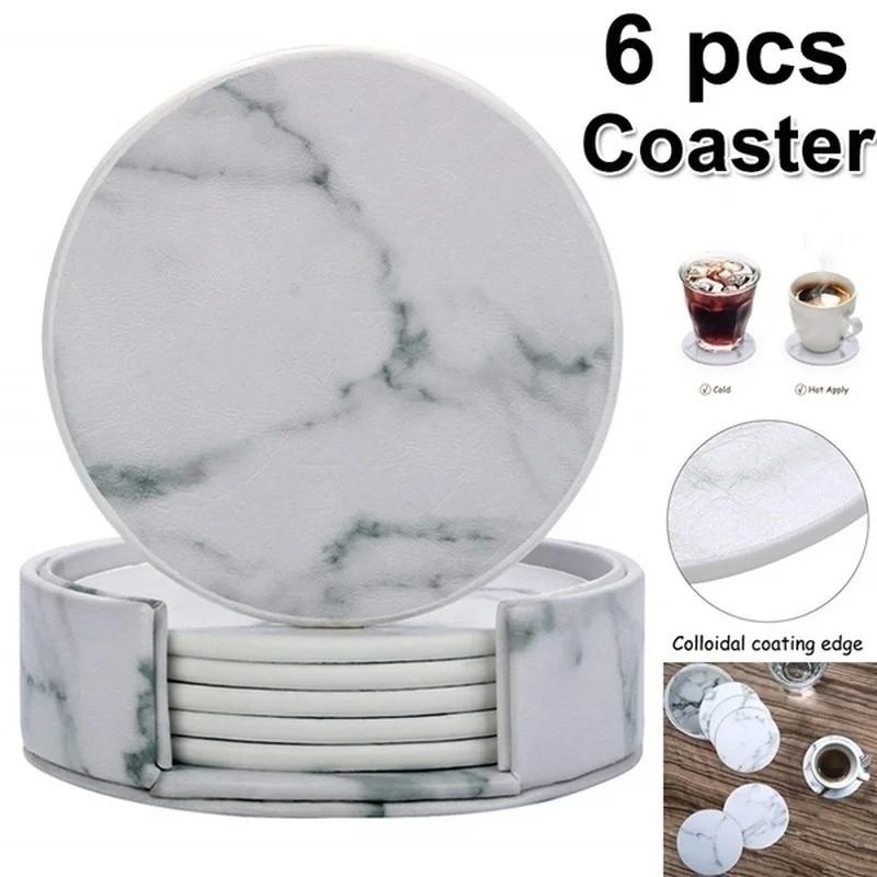 6 Pcs Home Kitchen Marble Pattern Cup Coaster Creative Round Edge Cup Mat Drink Mat Pu Leather Cup Pad Thermal Insulation