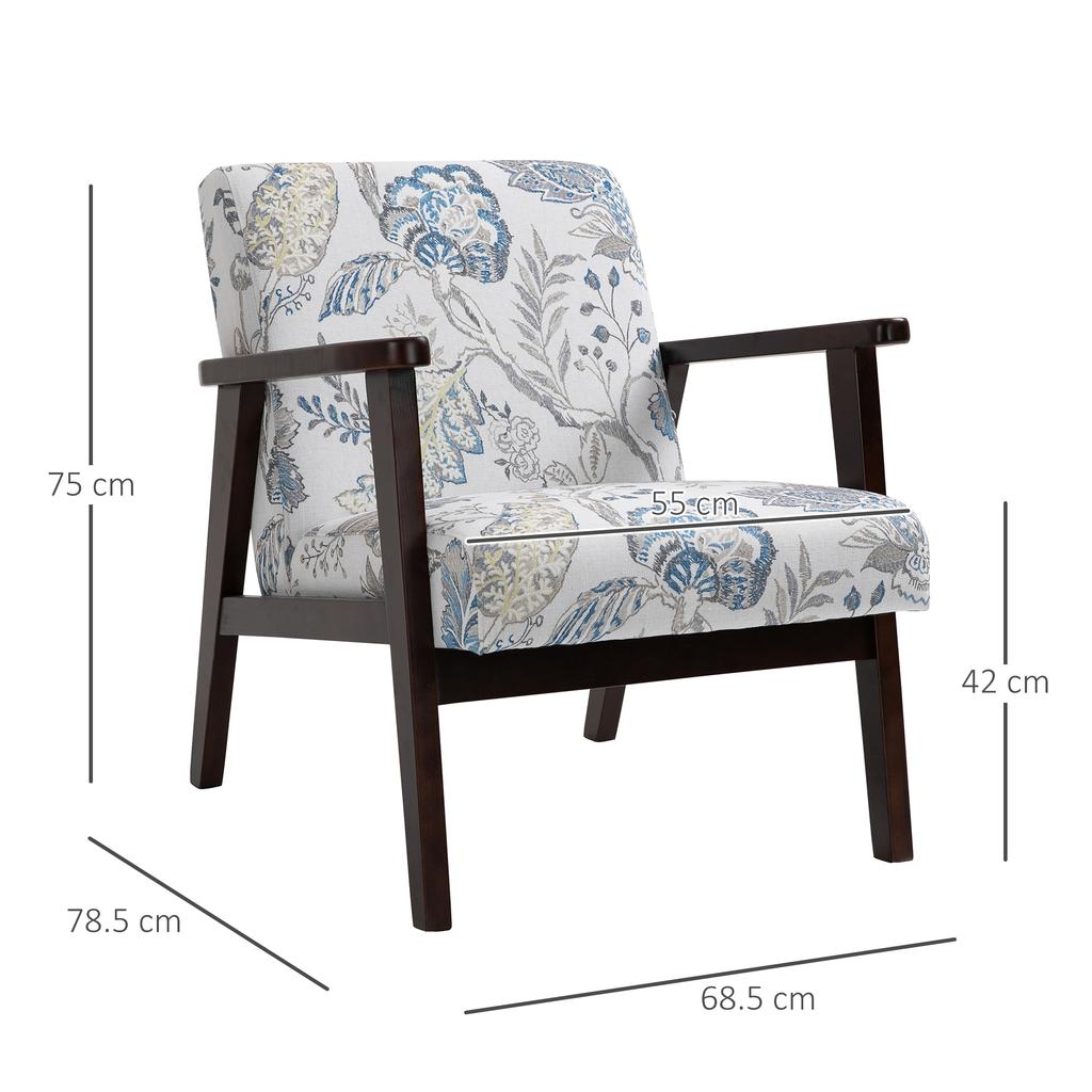 Wohnzimmerstuhl Polsterter Sessel mit Armlehnen aus Holz und atmungsaktivem Stoff für Zuhause und Büro, Floral, 68,5x78,5x75cm