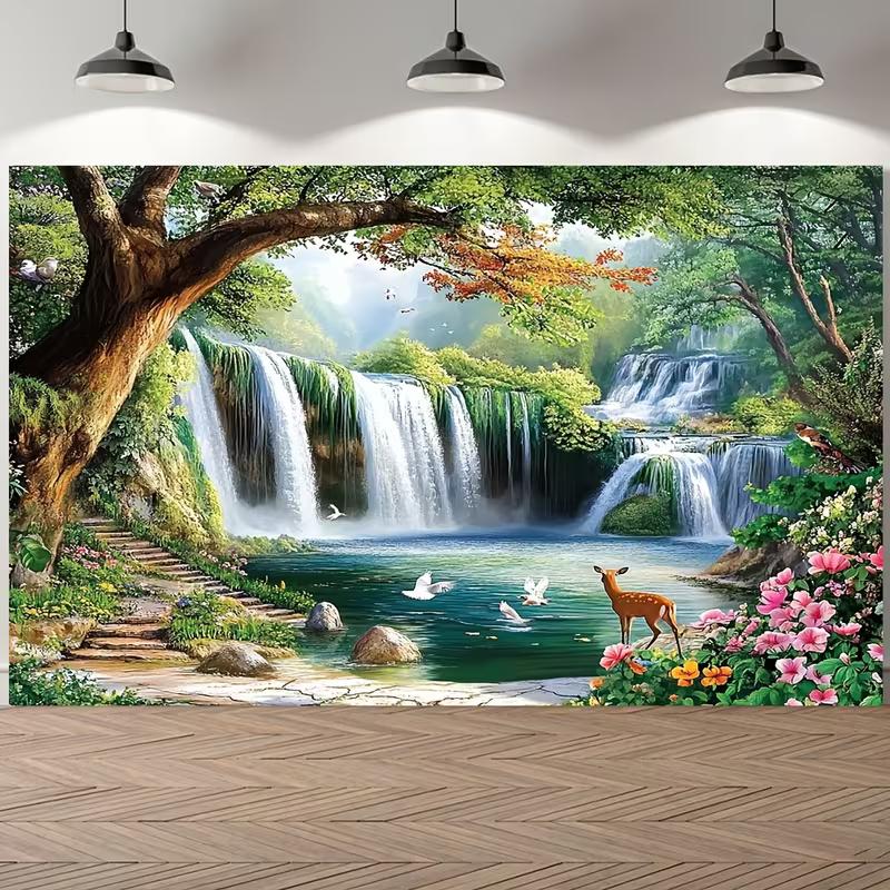2D Forest Waterfall with Deer and Birds Tapestry Nature Wall Decor 47.2x31.5inch/120*80cm