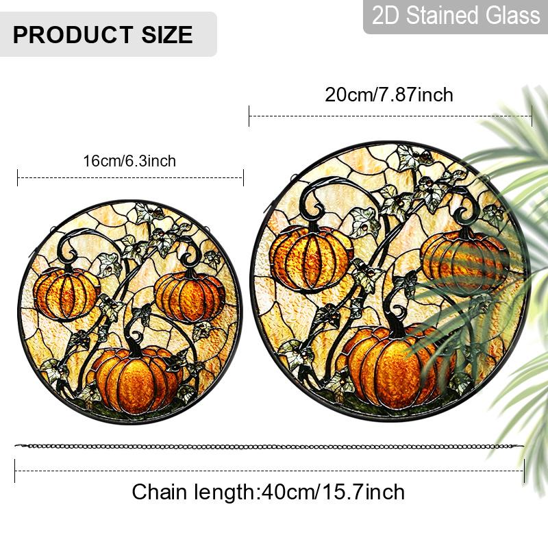 2D Vlak Glas-in-lood Herfst Pompoen Raamdecoratie, 6,3/7,87 Inch Kleurrijk Glasplaat met Ketting, Charmante Herfst Zonenvanger Huisdecoratie, Uniek