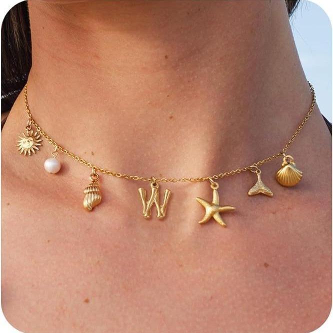 New Surfer Girl Necklace Beach Jewelry Initial Necklace for Girlfriend Seashell Letter Choker Starfish Accessories