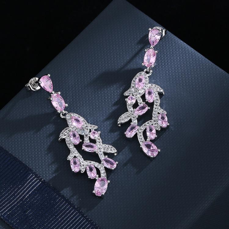 Nya Japanska och Koreanska Zirkon Rosa Blad Örhängen Långa Festörhängen