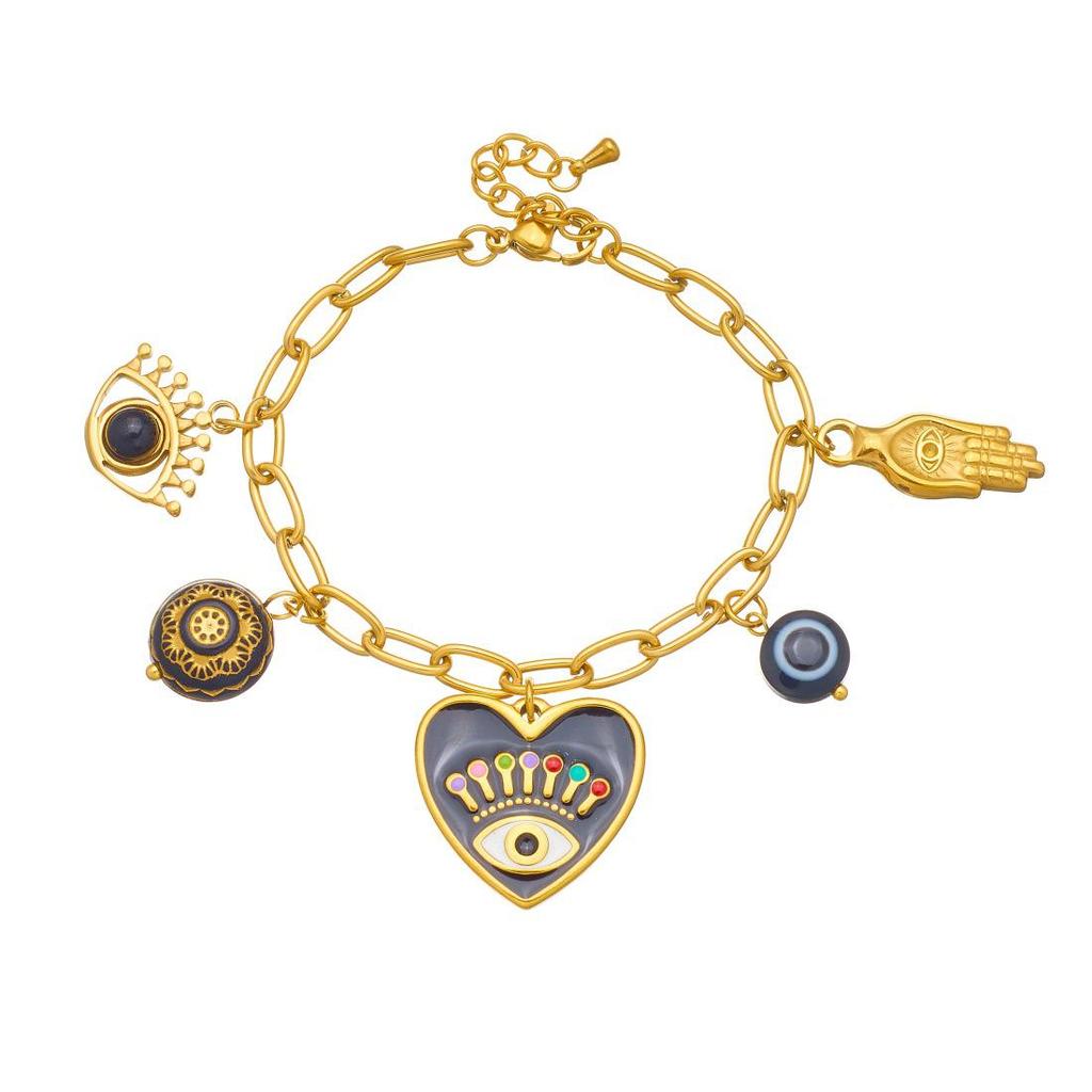 Trendiger Cartoon Strassstein Auge & Herz Gold Anhänger Stahl Set