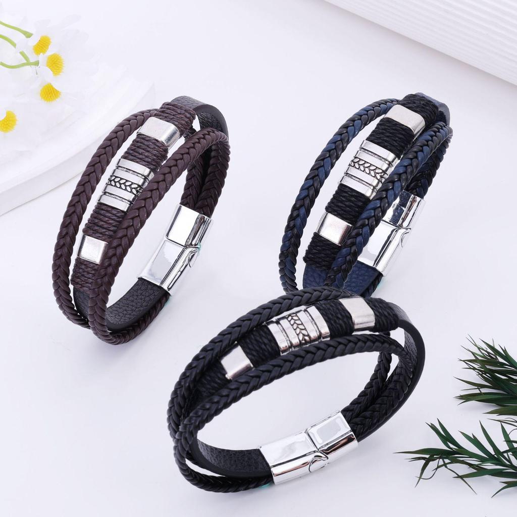 European & American Style Multi-Layer Braided Leather Men's Bracelet - Versatile Fashionable Hip-Hop Bangle