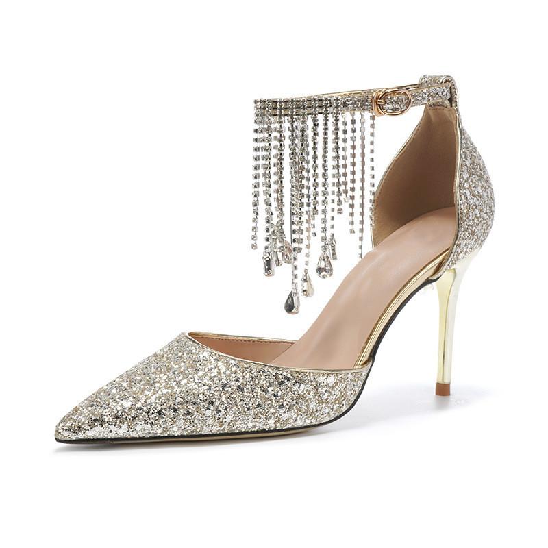 Mode Bling Bling Mode Pailletten Strass Quaste Damen Pumps Elegant Spitz Hochzeit Braut Dünne Hohe Absätze Party Ballschuhe