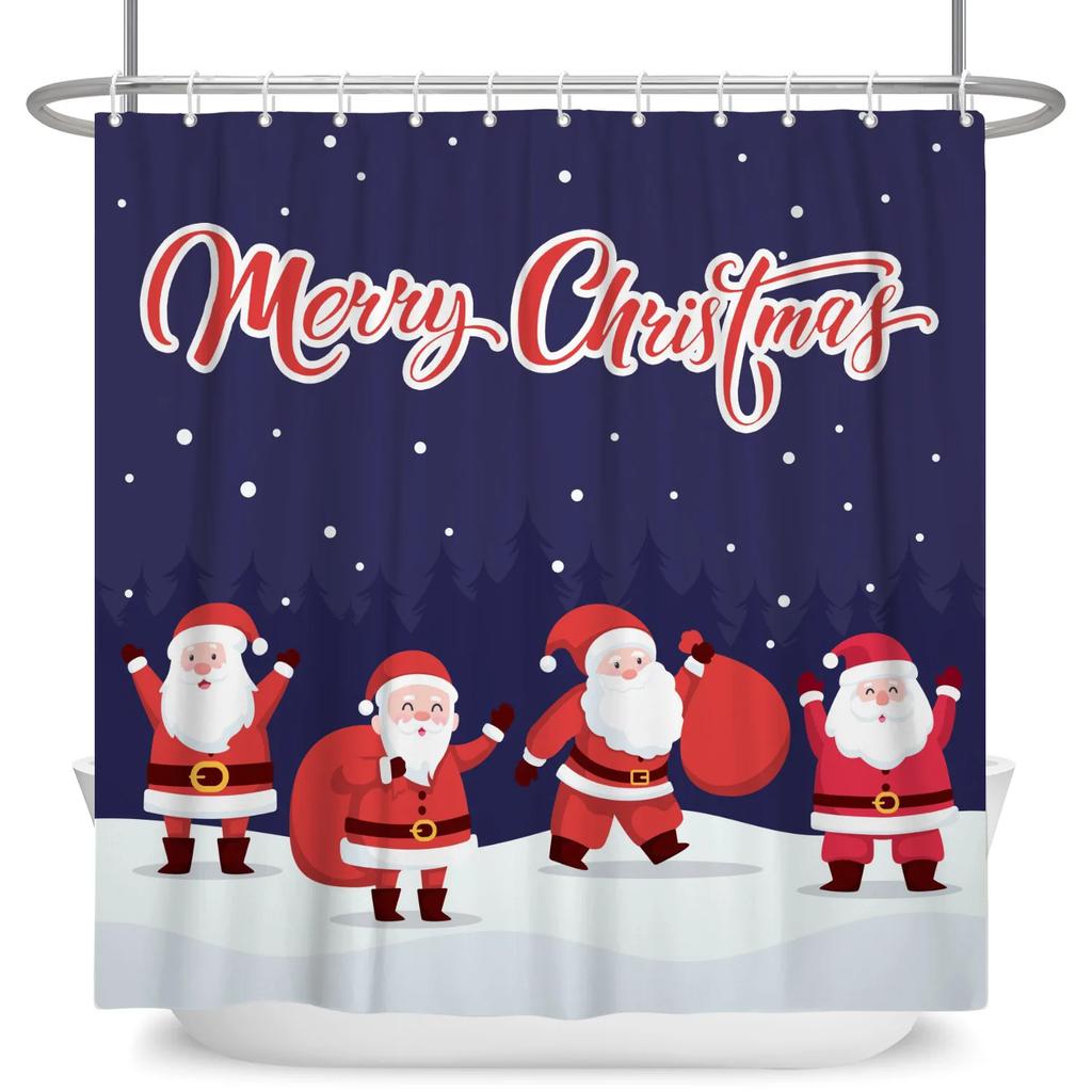 Merry Christmas Shower Curtain Winter Snow Santa Claus Christmas Trees Decor Bath Curtains Waterproof Bathtub Screen