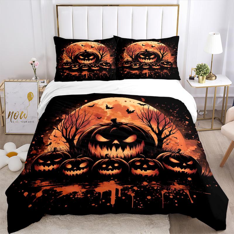 3pcs Scary Pumpkin Quilt Cover Set - Soft and Cozy Bedroom, Guest Room and Dorm Decorative Bedding 3-Piece Set 1 Quilt Cover + 2 Pillow Shams.N08