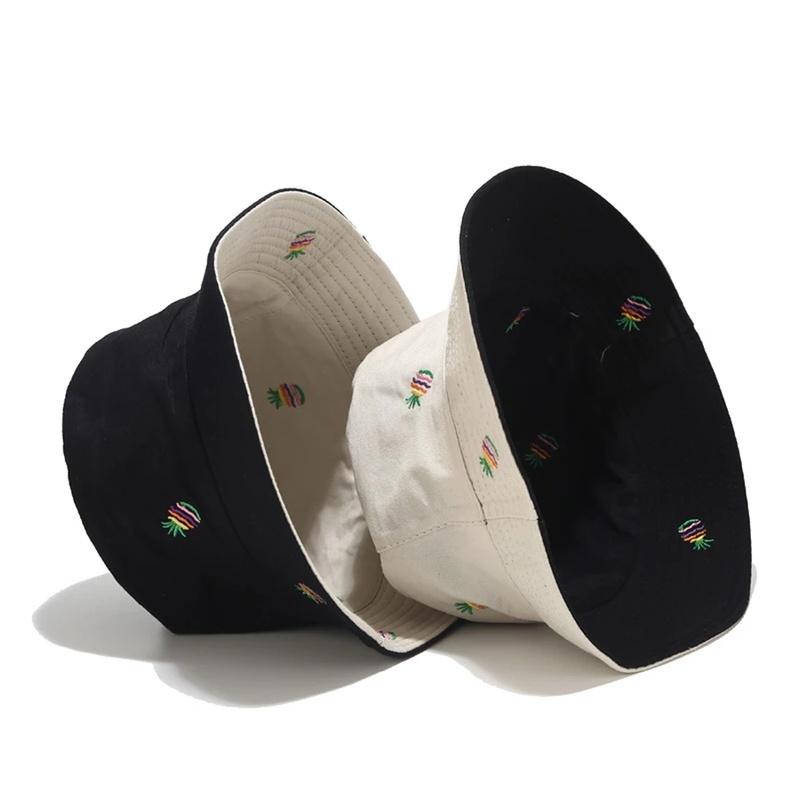 New Pineapple Embroidery Bucket Hat Unisex Double-sided Fisherman Hats Men Women Outdoor Sun Visor Travel Pot Hats