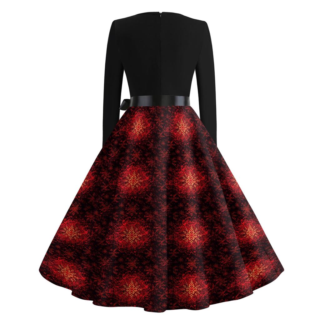 Kvinners avslappet mote langermet julegrafisk trykt vintage lange kjoler