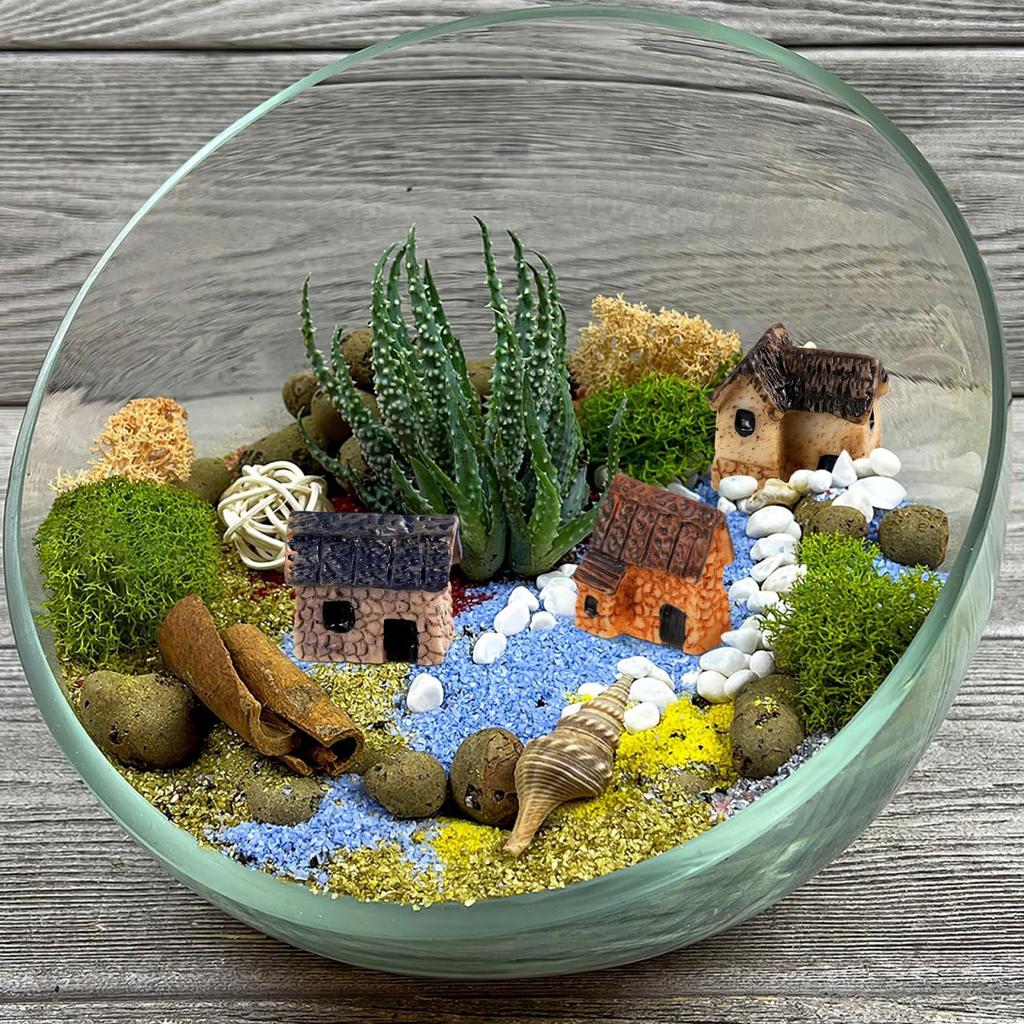 VANZACK Sada miniaturní mikro vesnické krajiny, pryskyřičné doškové chatky pro DIY stolní bonsai doplňky, 8 kusů domků, modelů, terárií, dekorací,