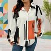 Women Plus Size Geometric Printed Collared Long Sleeve Button Front Curved Hem Shirt