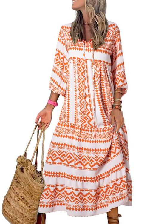 2023 Autumn New Independent Station Hot-selling Geometric Printing Bubble Sleeve Dress Street Fried Street Large Size Women's Clothing