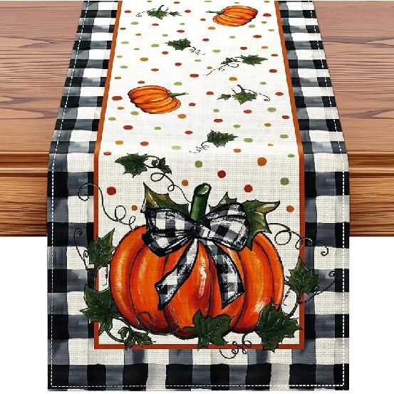 Artscope Pumpkin Bow Buffalo Plaid Fall Table Runner,Thanksgiving Holiday Kitchen Dining Table Decoration for Fall Home Decor 13x60 Inch 13  x 72