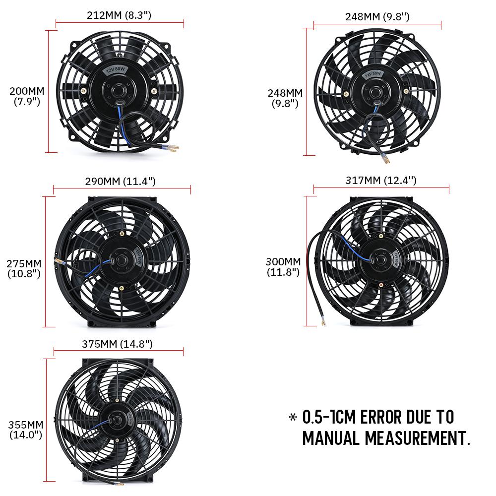 Universal 7 9 10 13 Inch 12V 80W 2100RPM Type S Straight Black Blade Electric Cooling Radiator Fan Kit